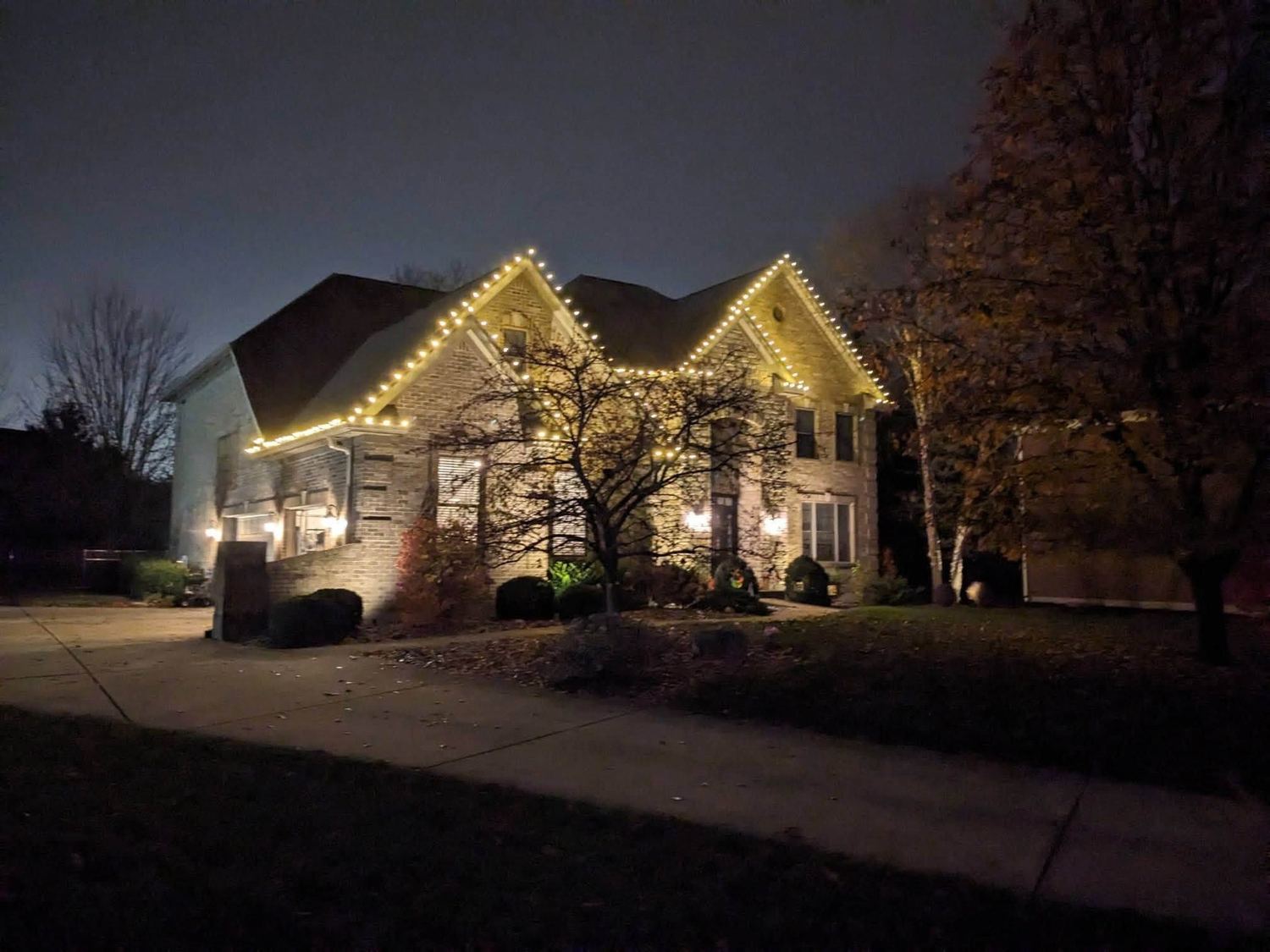 Roofline against the treeline &mdash; Christmas light installation in Greater Cincinnati by Mike&rsquo;s Cincinnati Christmas Lights